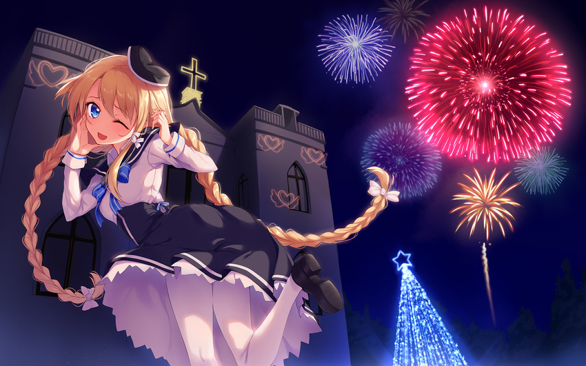 ;d arched_back blonde_hair blue_eyes braid christmas_lights christmas_tree cross fireworks from_behind hat highres leg_up long_hair looking_at_viewer looking_back magi_in_wanchin_basilica night nun official_art one_eye_closed open_mouth smile solo twin_braids very_long_hair white_legwear xiao_ma yaguo