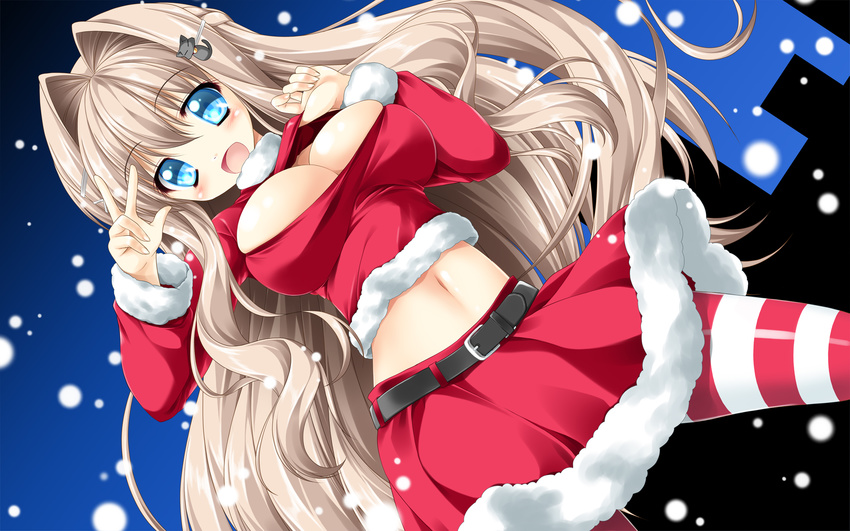 :d belt blue_eyes breasts brown_hair bursting_breasts cat_hair_ornament cityscape cleavage cleavage_cutout dutch_angle fur_trim hair_intakes hair_ornament highres kamiya_tomoe large_breasts long_sleeves looking_at_viewer midriff navel open_mouth pantyhose red_legwear smile snowing solo standing striped striped_legwear v white_legwear