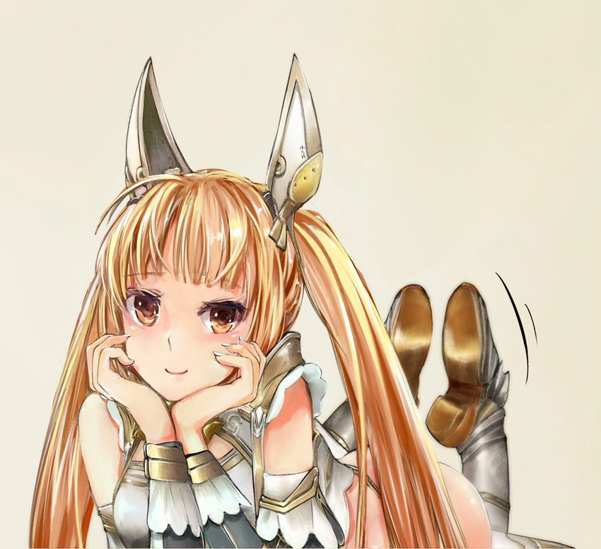 ass blonde_hair blush brown_eyes character_request hands_on_own_face headgear long_hair looking_at_viewer lying monster_hunter monster_hunter_frontier on_stomach smile solo twintails zi-dabu