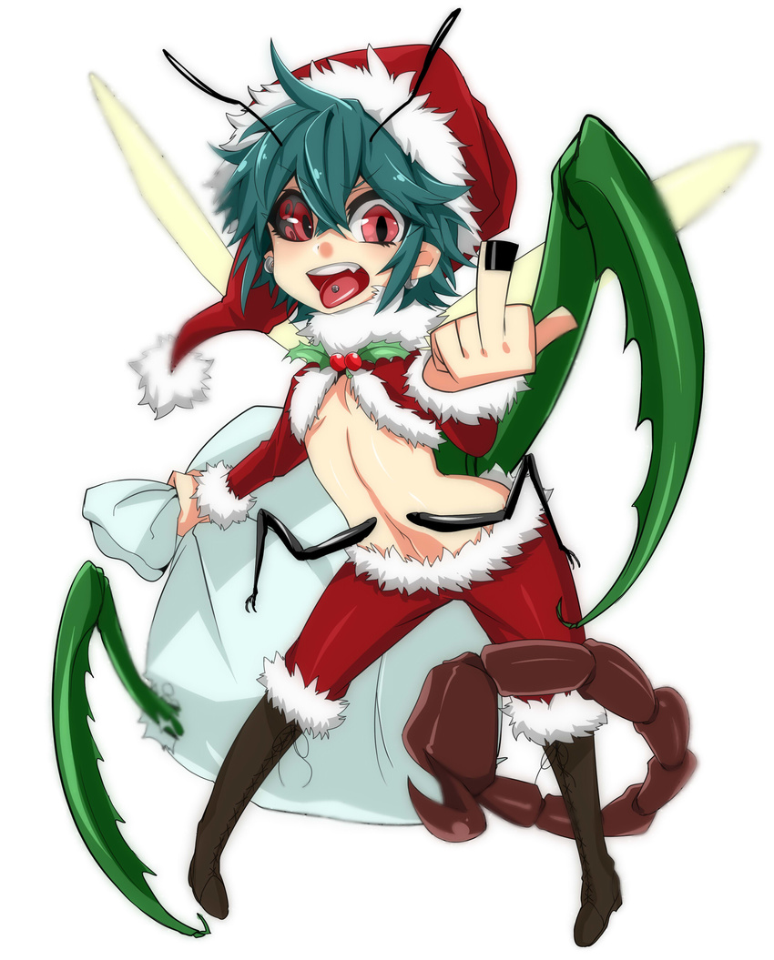 absurdres antennae belt bifrst black_sclera breasts earrings green_hair highres insect_girl insect_wings jewelry middle_finger monster_girl navel open_clothes open_shirt piercing praying_mantis red_eyes sack santa_costume scorpion_tail shirt small_breasts solo tail tears tongue_piercing touhou wings wriggle_nightbug