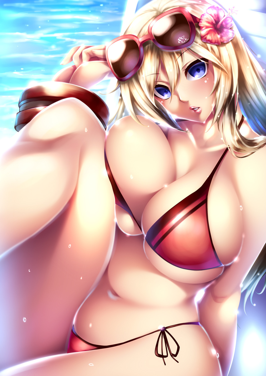 alisa_ilinichina_amiella bikini blonde_hair blue_eyes blush bracer breasts eyewear_on_head flower god_eater god_eater_2:_rage_burst hair_flower hair_ornament hibiscus highres huge_breasts lips long_hair parted_lips red_bikini solo sunglasses swimsuit watanuki_kaname