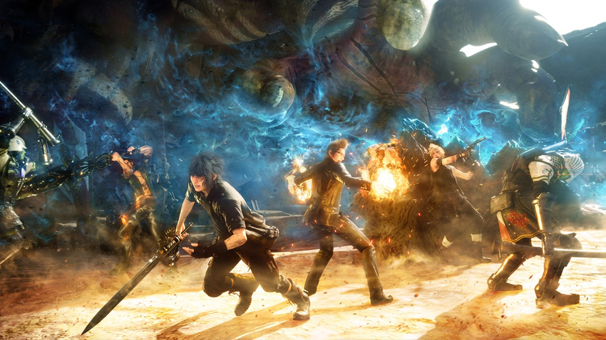 3d armor battle final_fantasy final_fantasy_xv fire giant gladiolus_amicitia ignis_scientia magic multiple_boys noctis_lucis_caelum official_art prompto_argentum square_enix sword titan_(final_fantasy) weapon weapons