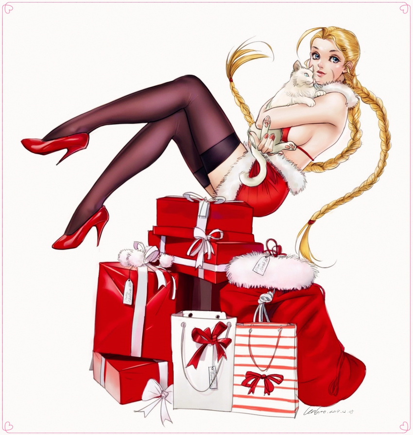 animal antenna_hair bag balancing bikini_top black_legwear blue_eyes box braid breasts cammy_white cat christmas full_body fur_trim gift gift_box gtolin_chang high_heels highres holding holding_animal large_breasts lips long_hair long_legs miniskirt nail_polish on_box red red_footwear red_nails scar shoes shopping_bag sideboob sitting skirt solo stiletto_heels street_fighter thighhighs twin_braids white_background