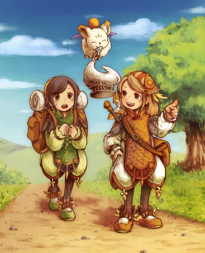 backpack bag character_request day final_fantasy final_fantasy_crystal_chronicles hat hat_removed headwear_removed highres machika_(mukulife) moogle multiple_girls outdoors pointing road talking walking