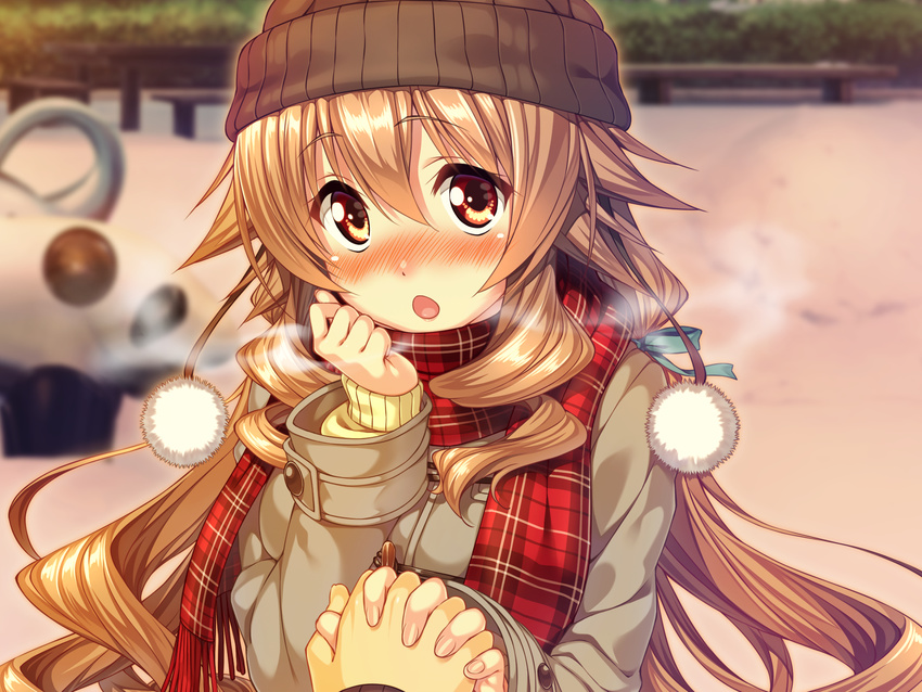 1boy 1girl amakano blush brown_eyes brown_hair coat drill_hair full-face_blush game_cg hand_holding hat highres hoshikawa_koharu long_hair open_mouth piromizu plaid_scarf pom_pom_(clothes) pompoms scarf