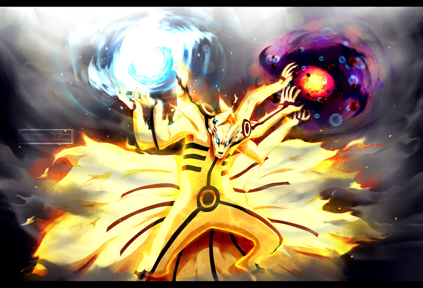 absurdres alternate_form battle_aura colored fangs fox glowing glowing_eyes highres kortrex kurama_(naruto) markings monster multiple_arms multiple_heads multiple_tails naruto rasengan smoke spoilers uzumaki_naruto watermark