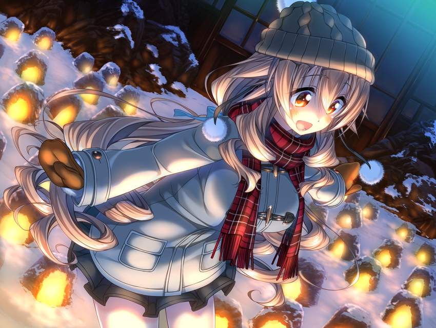 1girl amakano blush breasts brown_eyes brown_hair coat game_cg highres hoshikawa_koharu kneeling large_breasts long_hair open_mouth piromizu scarf snow