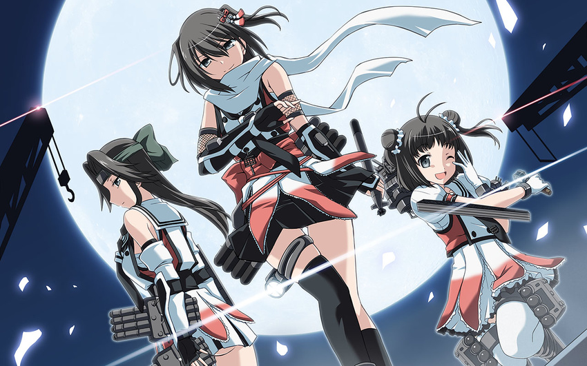 aircraft_catapult asymmetrical_legwear bare_shoulders black_eyes black_gloves black_hair black_legwear black_skirt choukou_sennin_haruka crane double_bun elbow_gloves fingerless_gloves frilled_skirt frills full_moon gloves hair_ornament headband holding holding_torpedo jintsuu_(kantai_collection) kantai_collection long_hair looking_at_viewer machinery md5_mismatch microphone moon multiple_girls naka_(kantai_collection) neckerchief night night_sky parody pleated_skirt remodel_(kantai_collection) sailor_collar scarf sendai_(kantai_collection) short_hair skirt sky smile tokino torpedo white_gloves white_legwear white_scarf white_skirt