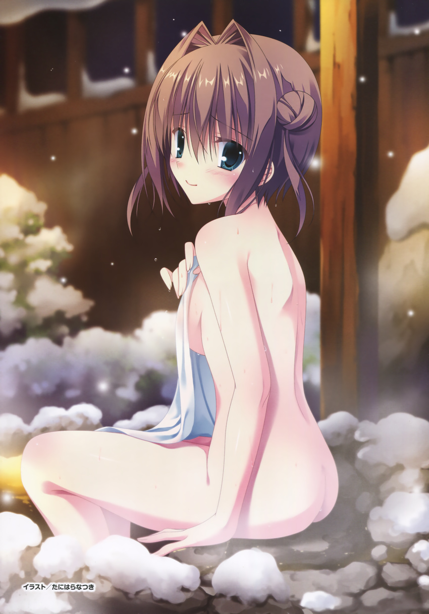 absurdres asakura_yume ass breasts brown_hair covering da_capo da_capo_ii green_eyes hair_bun hair_intakes highres nude nude_cover onsen sideboob sitting small_breasts snow snowing tanihara_natsuki towel