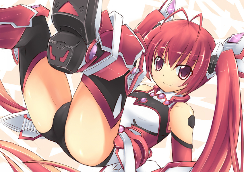 &gt;:) 1girl ass bodysuit crotch genderswap legs_up looking_at_viewer mitsuka_souji ore_twintail_ni_narimasu red_eyes red_hair small_breasts solo srwsrx_(gp03dsrx) tail_red tailred twintails