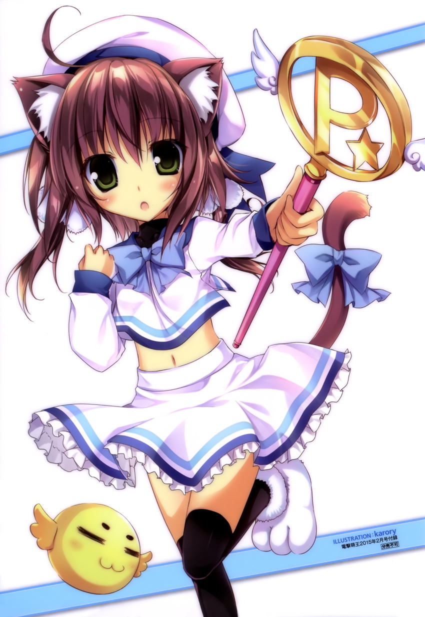 absurdres ahoge animal_ears black_legwear blouse bow brown_hair cat_ears cat_tail creature green_eyes hat highres karory long_sleeves navel paw_shoes shoes skirt solo tail tail_bow thighhighs wand |3