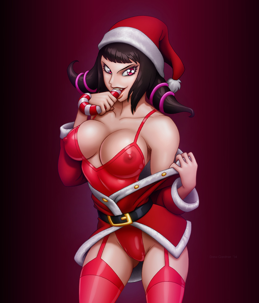 absurdres bangs belt black_hair breasts candy candy_cane christmas cleavage covered_nipples drew_gardner fang food food_in_mouth garter_straps hair_ornament han_juri hat highres large_breasts lips naughty_face nightgown off_shoulder panties phallic_symbol pink_eyes red_legwear red_panties santa_costume santa_hat see-through sexually_suggestive short_twintails solo street_fighter thighhighs twintails underwear