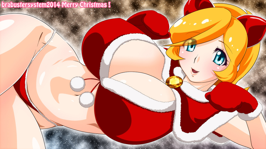 1girl animal_ears blonde_hair blue_eyes bra brabustersystem breasts cat_ears christmas curvy female gloves hair_ornament highres huge_breasts lying magutan navel on_side original panties red_gloves red_panties shiny shiny_skin solo underwear