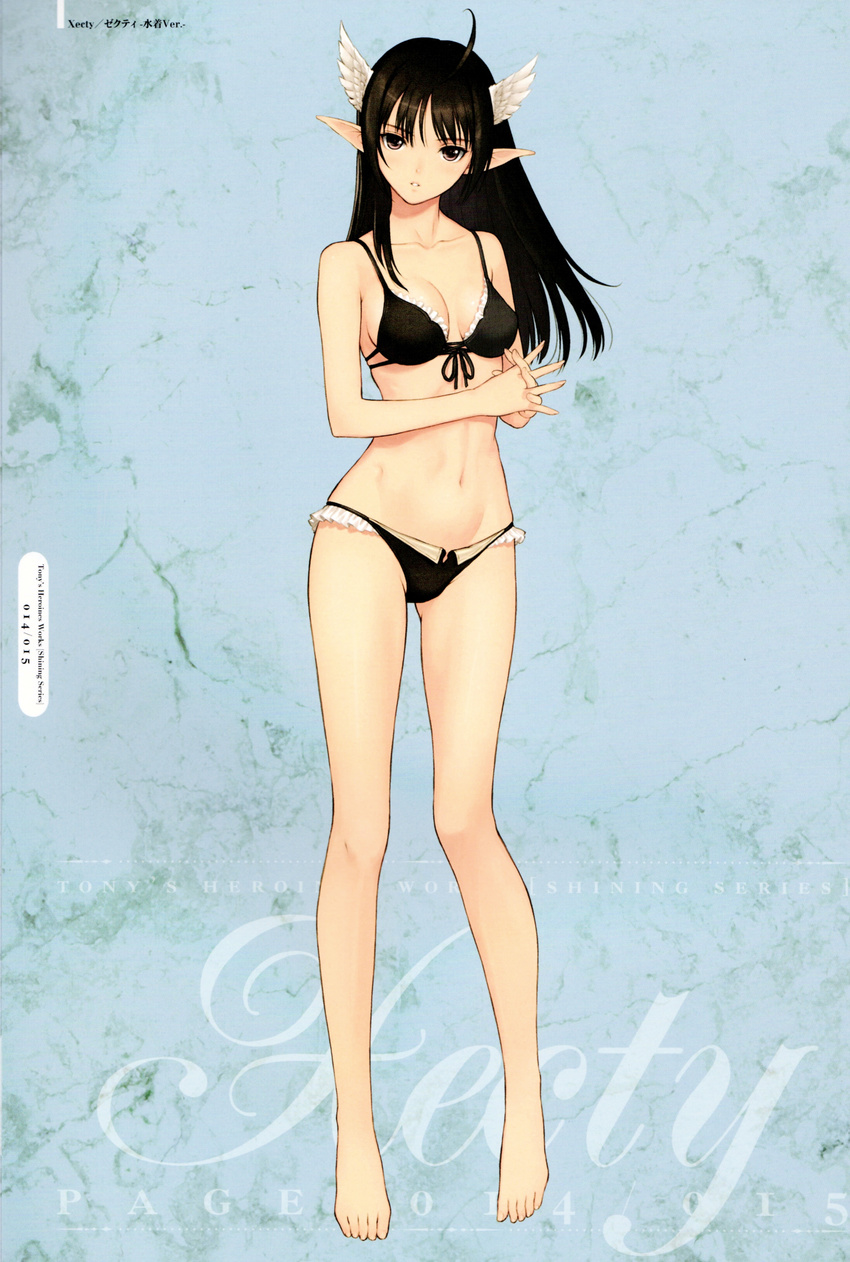 absurdres barefoot bikini black_bikini black_hair breasts brown_eyes cleavage front-tie_bikini front-tie_top highres interlocked_fingers legs long_hair long_legs lowleg lowleg_bikini medium_breasts navel official_art parted_lips pointy_ears scan shining_(series) shining_wind swimsuit tanaka_takayuki xecty_ein