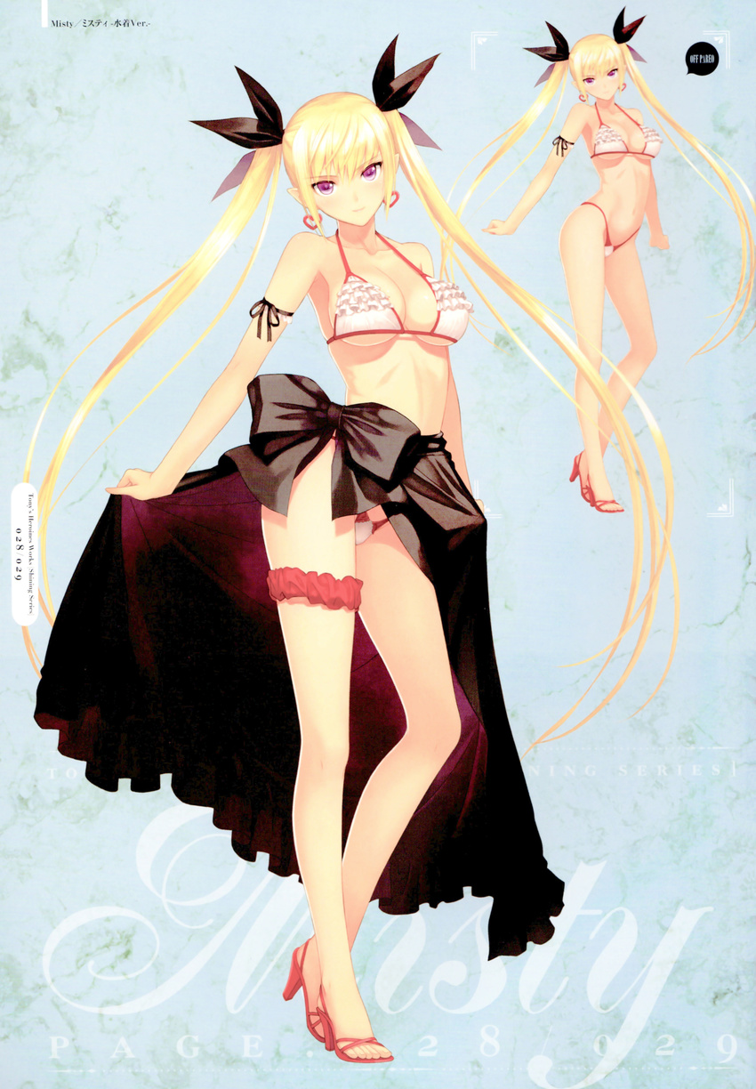absurdres arm_ribbon bare_legs bare_shoulders bikini blonde_hair breasts cleavage contrapposto earrings frilled_bikini frills full_body highres jewelry large_breasts long_hair long_legs looking_at_viewer mistral_nereis pointy_ears purple_eyes ribbon sandals scan shining_(series) shining_hearts smile solo standing string_bikini swimsuit tanaka_takayuki twintails very_long_hair white_bikini