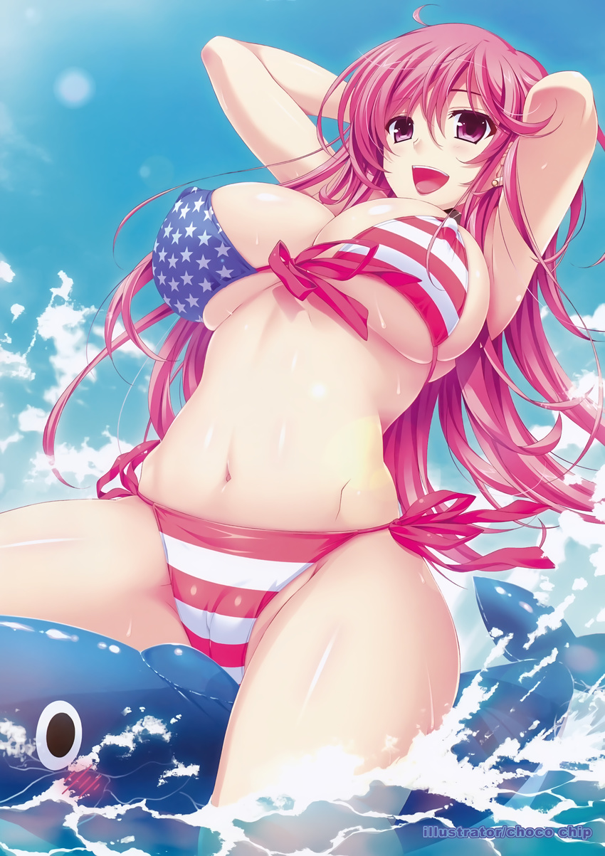 absurdres american_flag_bikini arms_up artist_name bikini blush breasts choco_chip cloud covered_nipples day earrings esumi_mei flag_print front-tie_top highres inflatable_dolphin inflatable_toy jewelry large_breasts long_hair namaiki_~kissuisou_e_youkoso!~ navel open_mouth pink_eyes pink_hair scan side-tie_bikini sky smile solo swimsuit water