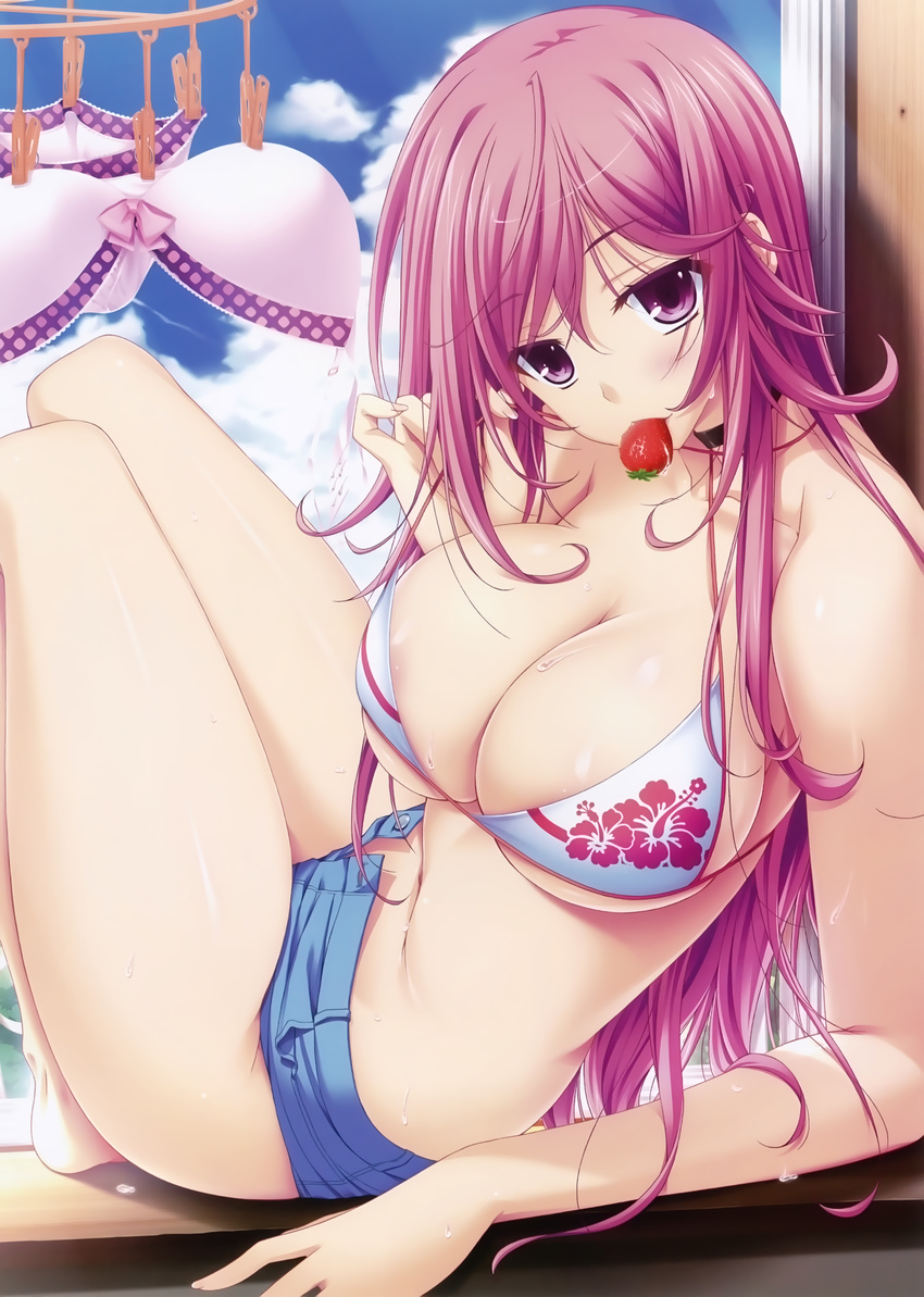 absurdres bare_legs bare_shoulders barefoot bikini_top bra breasts choco_chip choker cleavage criss-cross_halter esumi_mei food food_in_mouth fruit halter_top halterneck highres large_breasts mouth_hold namaiki_~kissuisou_e_youkoso!~ navel pink_hair purple_eyes scan short_shorts shorts sitting solo strawberry sweat underwear