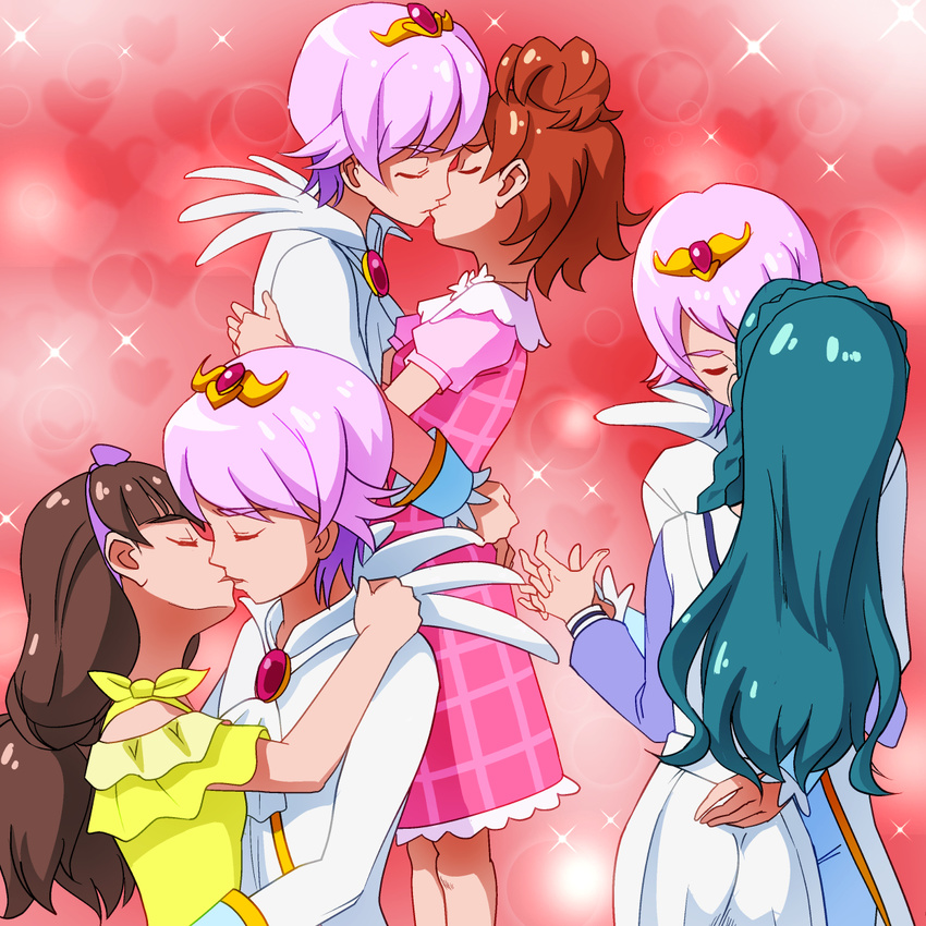 3girls amanogawa_kirara aqua_hair ascot ass bad_id bad_pixiv_id bangs bare_shoulders blunt_bangs bow braid breasts brooch brown_hair closed_eyes commentary dress french_braid frills go!_princess_precure hair_bow hairband harem haruno_haruka heart heart_background highres holding_hands hug interlocked_fingers jewelry kaidou_minami kiss lens_flare long_hair long_sleeves low_twintails mont_blanc_(heartcatch_ayaya) multicolored_hair multiple_girls noble_academy_school_uniform open_mouth pink_dress pink_hair plaid plaid_dress precure prince_kanata purple_hair red_background red_hair school_uniform serafuku short_hair side_braid skirt sleeve_cuffs small_breasts sparkle tiara topknot twintails two-tone_hair