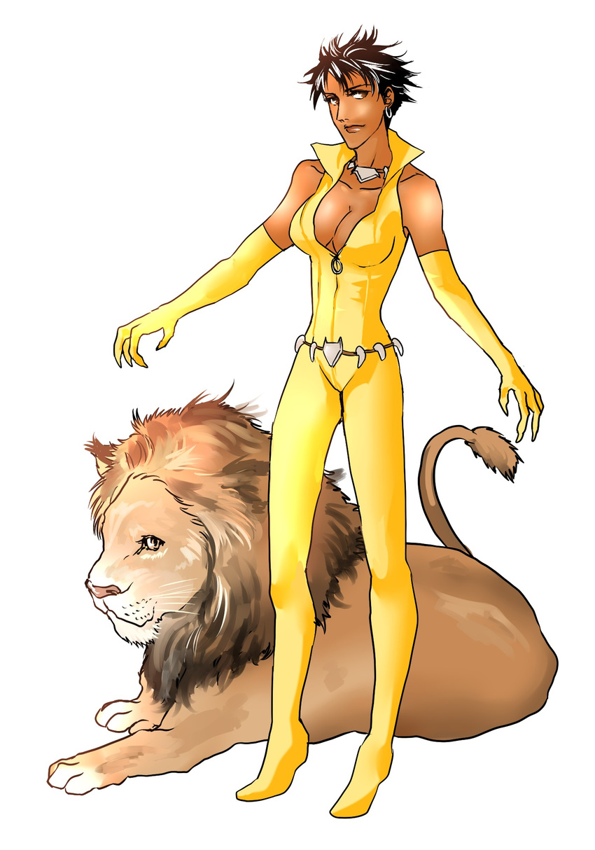 1girl belt black_hair bodysuit breasts brown_eyes cleavage dark_skin dc_comics earrings elbow_gloves full_body gloves jewelry lion mari_jiwe_mccabe necklace petri short_hair simple_background sleeveless smile solo standing vixen_(dc) white_background