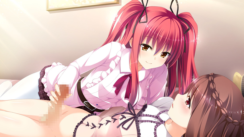 1girl absurdres blush brown_hair censored character_request crossdressing game_cg highres kimishima_ao long_hair mitsu_king mosaic_censoring otome_ga_kanaderu_koi_no_aria penis red_eyes red_hair trap zinno