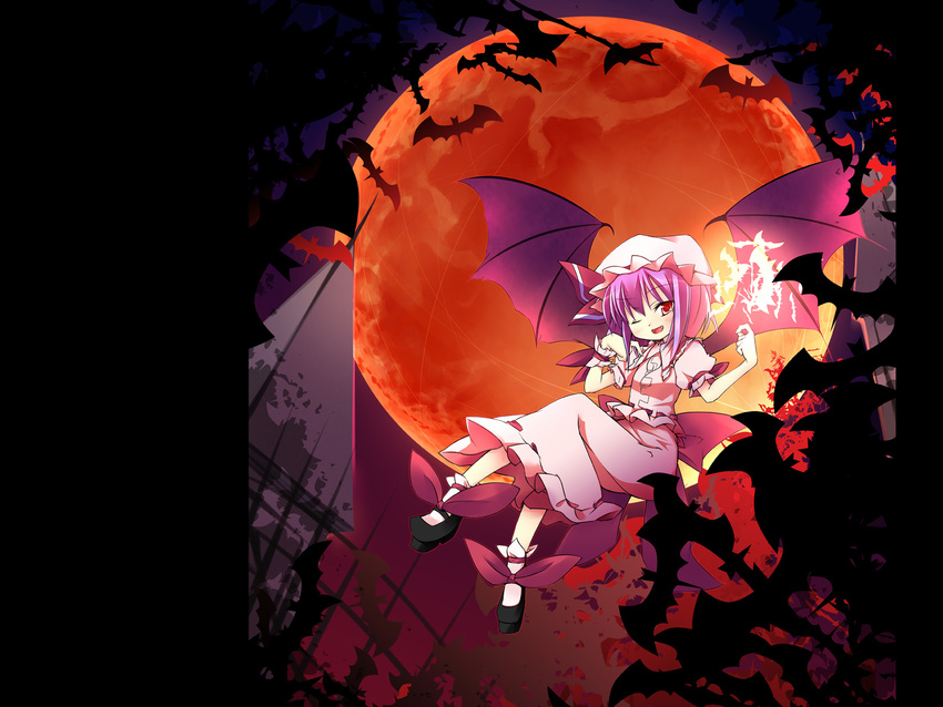 amatouna_kuroneko bat bat_wings hat highres lavender_hair moon one_eye_closed red_eyes red_moon remilia_scarlet short_hair solo touhou wings