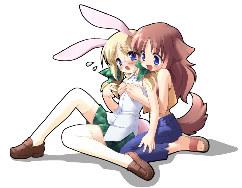 animal_ears blonde_hair blue_eyes blush breast_grab breasts bunny_ears bunny_tail crop_top dog_ears dog_tail flat_chest gayarou glasses grabbing groping highres long_hair medium_breasts midriff miyashiro_karin multiple_girls open_mouth pink_hair plaid sandals shinjou_izumi sitting skirt sleeveless suigetsu sweatdrop tail thighhighs twintails vest white_legwear zettai_ryouiki