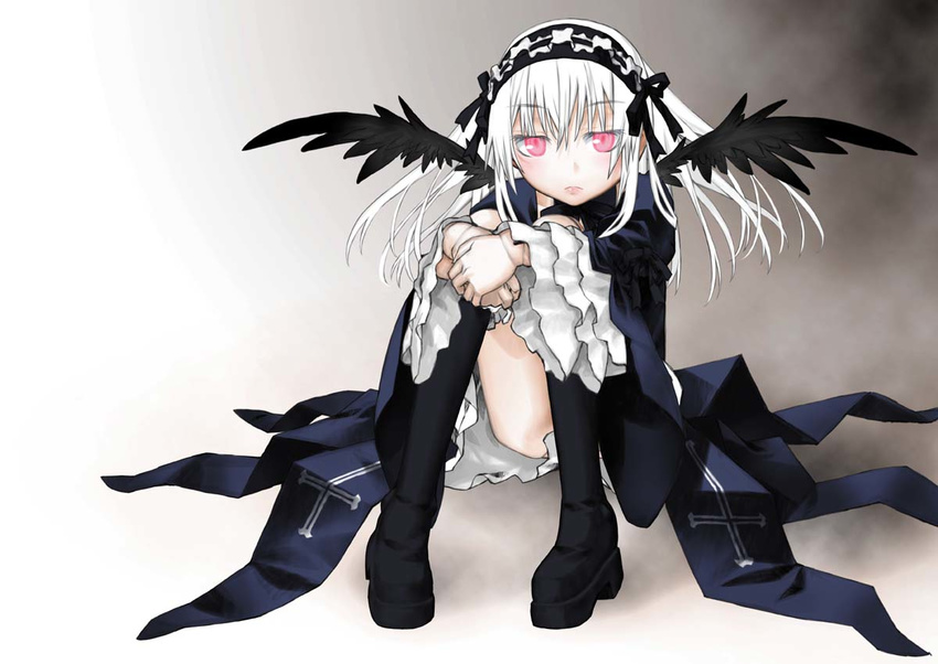 boots doll_joints dress frills hairband kakashichi knee_boots long_hair pink_eyes rozen_maiden sitting solo suigintou white_hair wings