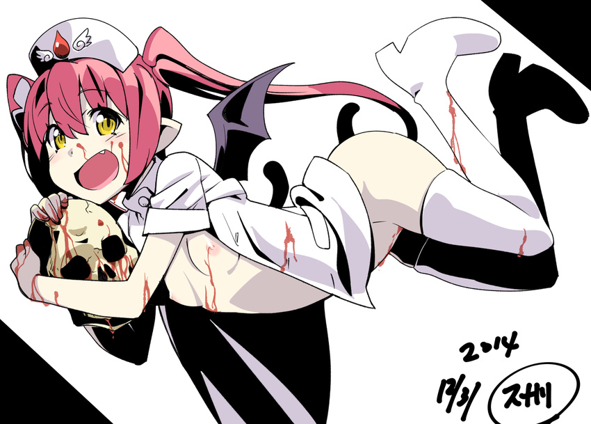 :d bat_wings blood blood_on_breasts blood_on_face bloody_clothes bloody_hands blush boots borrowed_character bottomless breasts dated ebola-chan fang hat holding long_hair neibii nipples nurse nurse_cap open_clothes open_mouth original personification pink_hair pointy_ears short_sleeves skull small_breasts smile solo thigh_boots thighhighs white_legwear wings yellow_eyes