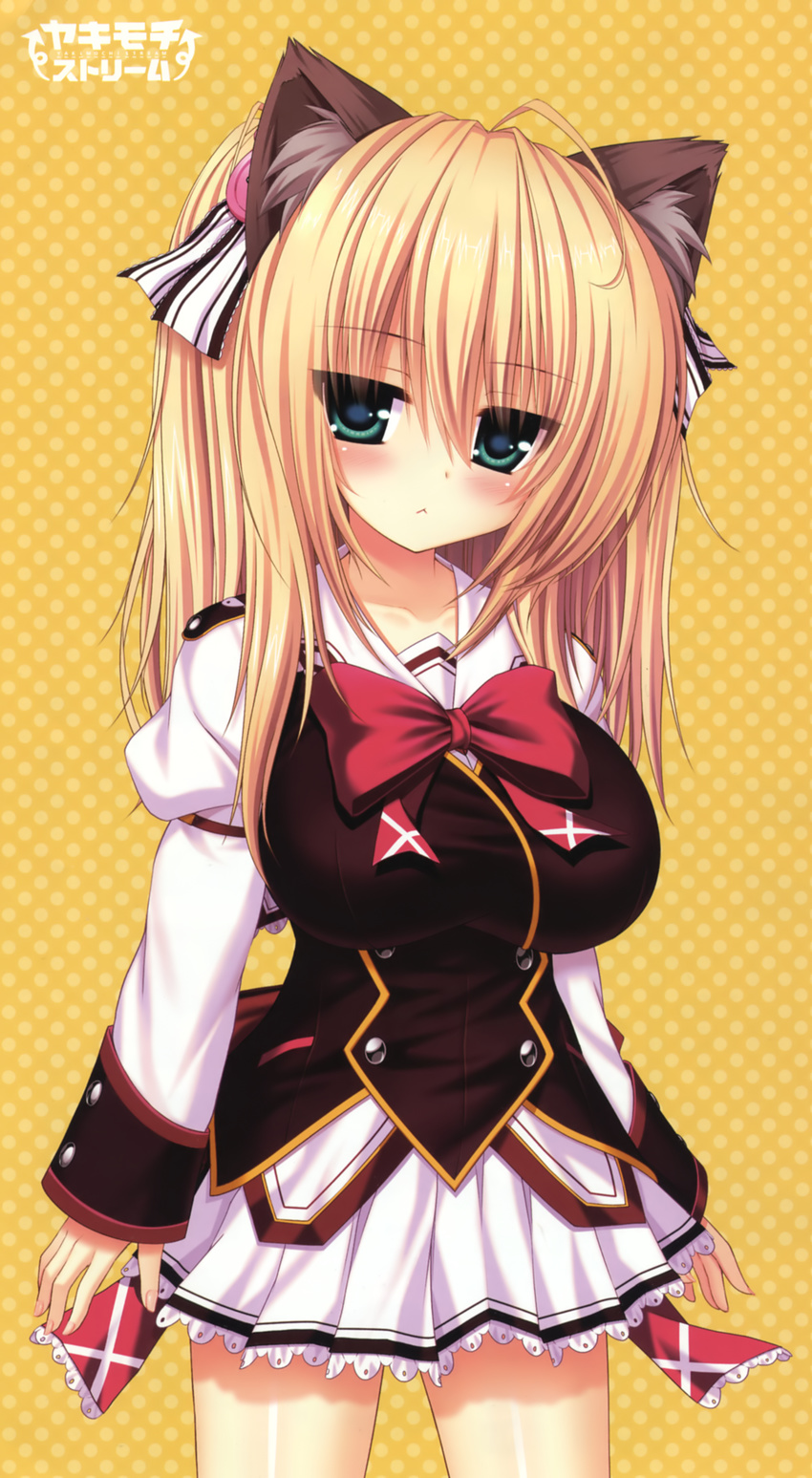 :&lt; absurdres animal_ears blonde_hair blue_eyes blush bow bowtie breasts cat_ears cowboy_shot highres large_breasts long_hair long_sleeves pleated_skirt polka_dot polka_dot_background red_bow red_neckwear school_uniform shiny shiny_skin simple_background skirt standing syroh tania_helvellyn white_skirt yakimochi_stream