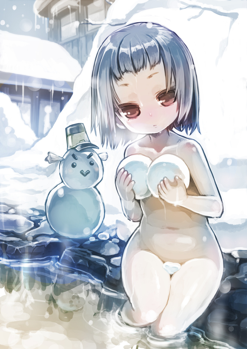 arare_(kantai_collection) bangs blunt_bangs covering covering_breasts headwear_removed highres kantai_collection nude nukoosama onsen ooshio_(kantai_collection) sitting snow snowball snowman solo