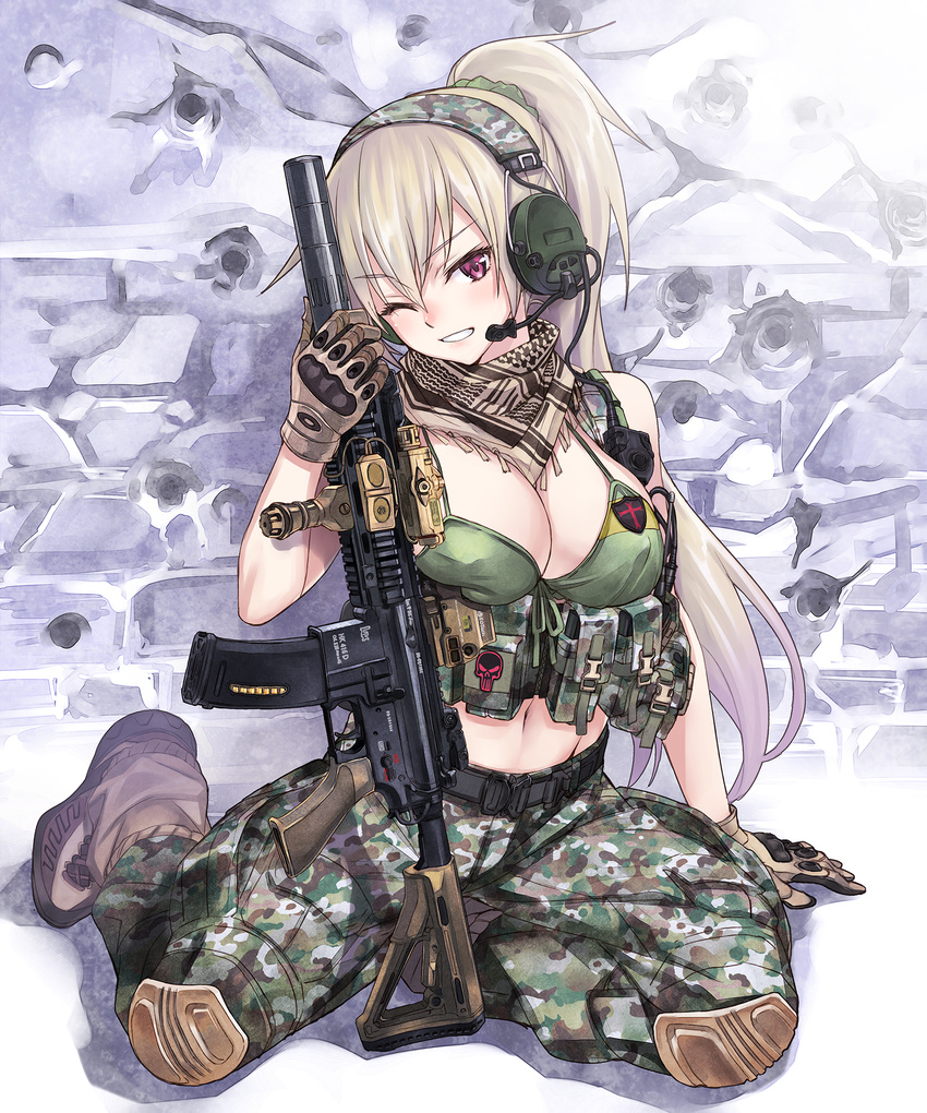 arm_support assault_rifle badge breasts brown_gloves brown_hair camouflage camouflage_pants cleavage cross front-tie_top full_body gloves gun hair_ornament headset heckler_&amp;_koch highres hk416 keffiyeh knee_pads large_breasts long_hair matsuryuu midriff military_operator one_eye_closed original pants parted_lips ponytail pouch purple_eyes rifle scarf sitting skull smile solo suppressor vertical_foregrip weapon yokozuwari
