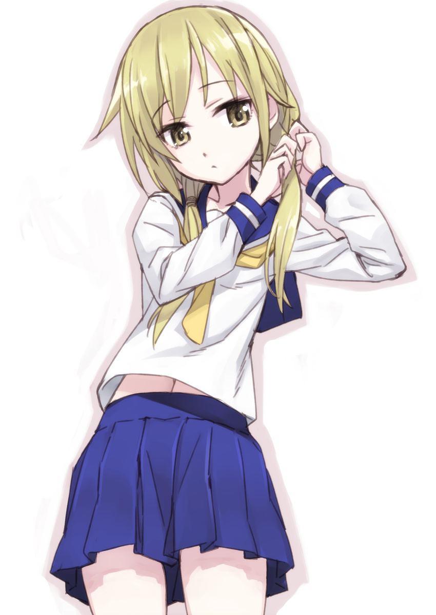 absurdres adjusting_hair blonde_hair blue_sailor_collar hair_over_shoulder highres ichii_yui long_hair low_twintails matsuryuu navel neckerchief pleated_skirt sailor_collar school_uniform school_uniform_(yuyushiki) serafuku simple_background skirt solo twintails white_background yellow_eyes yuyushiki