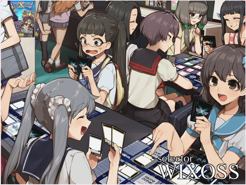 :d ^_^ ahoge aoi_akira bag black_hair black_legwear brown_hair card card_game casual chiyori_(wixoss) closed_eyes copyright_name flying_sweatdrops glasses grin hairband hitoto ichikawa_midori kominato_ruuko kurebayashi_yuzuki loafers long_hair low_twintails multiple_girls open_mouth playing_games pointing profile school_bag school_uniform scrunchie selector_wixoss serafuku shoes short_hair skirt smile socks spoilers striped sweatdrop tama_(wixoss) twintails uemura_hitoe unjou_hanayo urazoe_iona wavy_mouth white_legwear wixoss