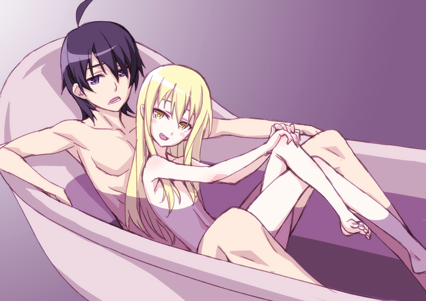 1girl ahoge araragi_koyomi bakemonogatari barefoot bath bathing bathtub black_hair blonde_hair blush blush_stickers crossed_legs fang feet flat_chest hetero long_hair long_legs matsuryuu mixed_bathing monogatari_(series) nisemonogatari nude oshino_shinobu partially_submerged petite pointy_ears short_hair sitting sketch slim_legs slipper_bathtub smile toes yellow_eyes