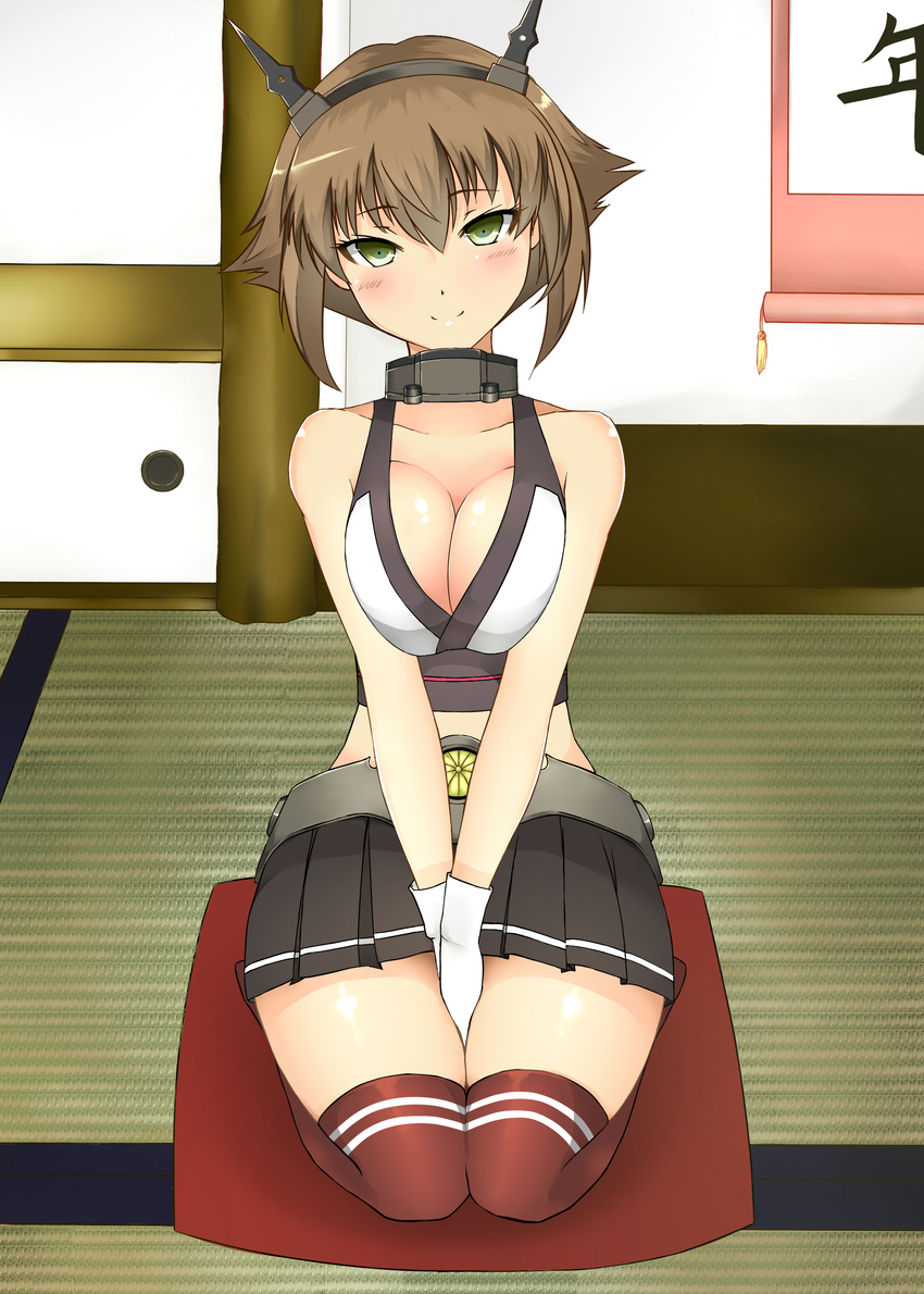 absurdres blush breast_squeeze breasts brown_hair brown_legwear cleavage collarbone full_body gloves gori_matsu_(turuyasann2) green_eyes head_tilt headgear highres indoors kantai_collection large_breasts looking_at_viewer microskirt midriff mutsu_(kantai_collection) pleated_skirt seiza short_hair sitting skirt sleeveless smile solo thighhighs v_arms white_gloves wide_hips