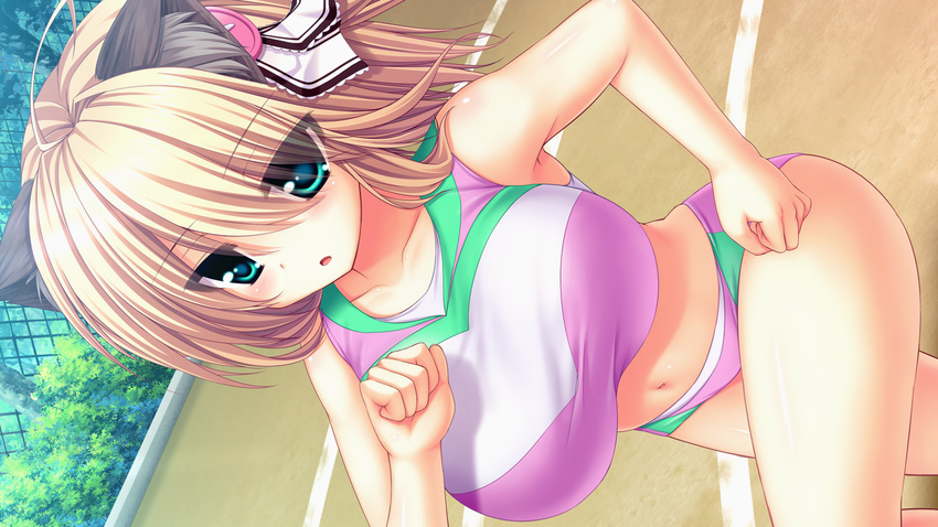 ahoge animal_ears aqua_eyes blonde_hair bouncing_breasts breasts bush cat_ears chain-link_fence day dutch_angle fence game_cg hair_ribbon hips large_breasts midriff navel outdoors plant ribbon running short_hair solo sports_bra syroh tania_helvellyn track_and_field yakimochi_stream