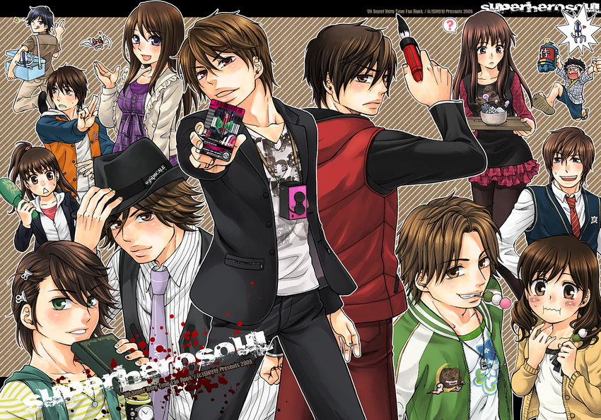 6+boys :d black_hair blush book brown_eyes brown_hair camera card cooler crossover dango english fish_bone food green_eyes hair_ornament hairclip hanaori_kotoha hat hidari_shoutarou hikari_natsumi ikenami_ryuunosuke jacket jewelry kadoya_tsukasa kaitou_daiki kamen_rider kamen_rider_dcd kamen_rider_w kivala long_hair looking_at_another looking_at_viewer looking_back mouth_hold multiple_boys multiple_girls narumi_akiko necktie one_eye_closed onodera_yuusuke open_mouth oson pants pendant philip_(kamen_rider) ponytail samurai_sentai_shinkenger sanshoku_dango shiba_takeru shiraishi_mako shirt short_hair skewer slippers smile super_sentai sweatdrop tani_chiaki tongue tongue_out triangle_mouth twin-lens_reflex_camera umemori_genta wagashi watch wavy_mouth