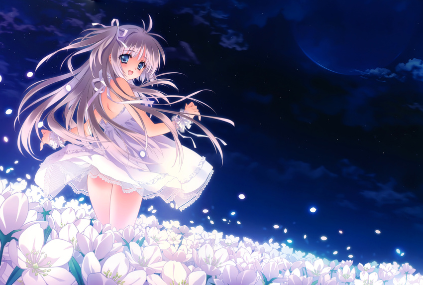 absurdres aqua_eyes carnelian dress field flower flower_field grey_hair hair_ribbon highres long_hair looking_back moon night open_mouth original outdoors ribbon skirt sky solo white white_dress white_flower wrist_cuffs