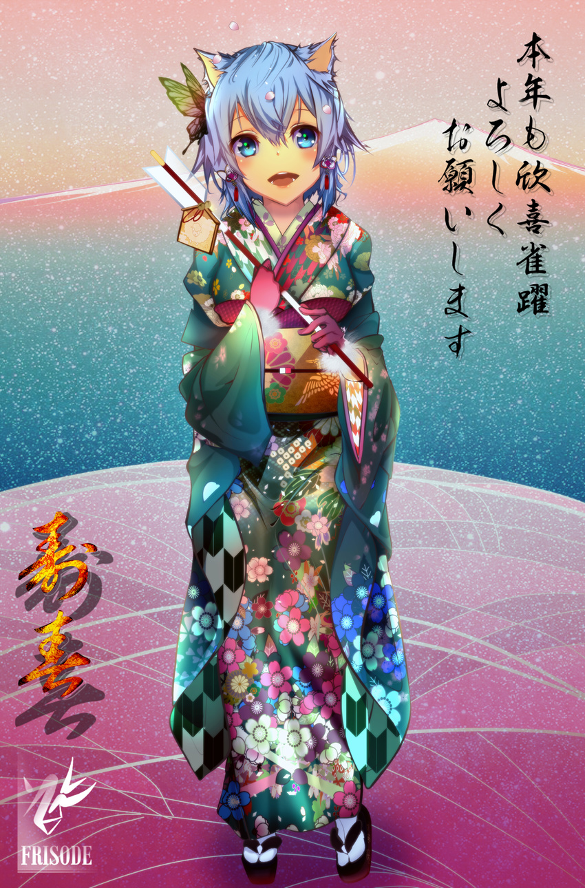 absurdres animal_ears arrow blue_eyes blue_hair cat_ears furisode_(pixilvina) highres japanese_clothes kimono nengajou new_year short_hair sinon sinon_(sao-alo) sword_art_online