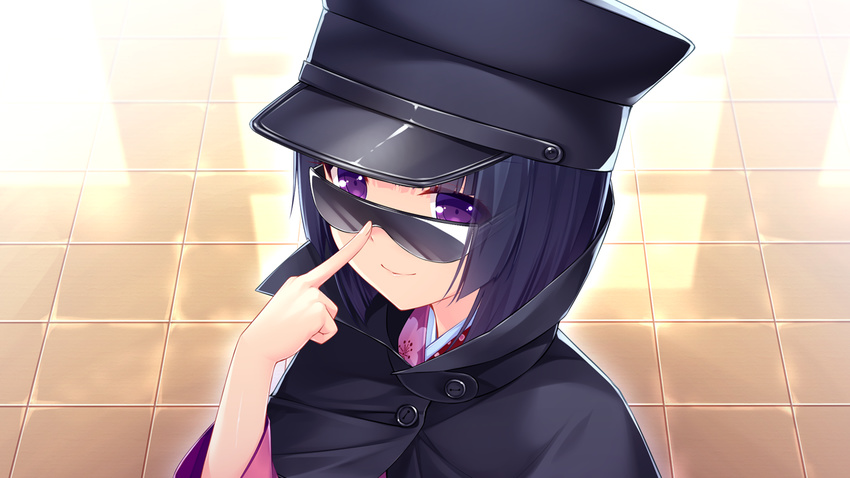 1girl adjusting_glasses blue_hair button buttons cape floor game_cg glasses hat highres japanese_clothes kimono looking_at_viewer middle_finger nekopara purple_eyes sayori short_hair smile solo standing sunglasses