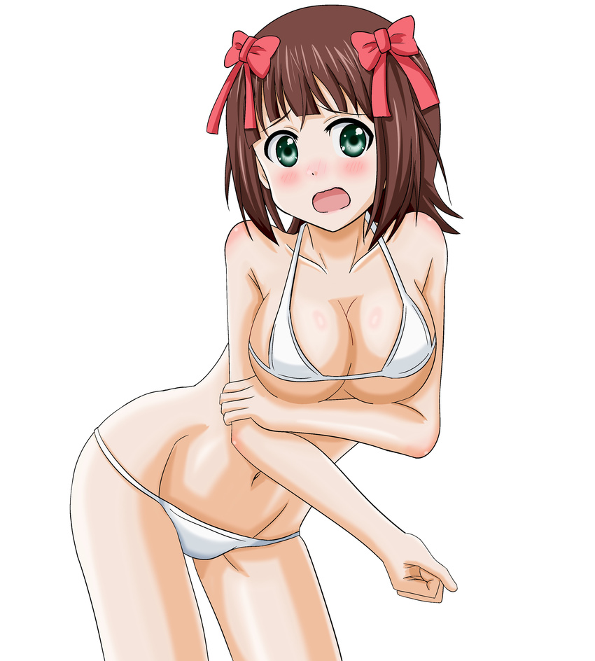 amami_haruka bikini breasts brown_hair cleavage green_eyes highres idolmaster idolmaster_(classic) large_breasts micro_bikini short_hair swimsuit takumi_(rozen_garten)