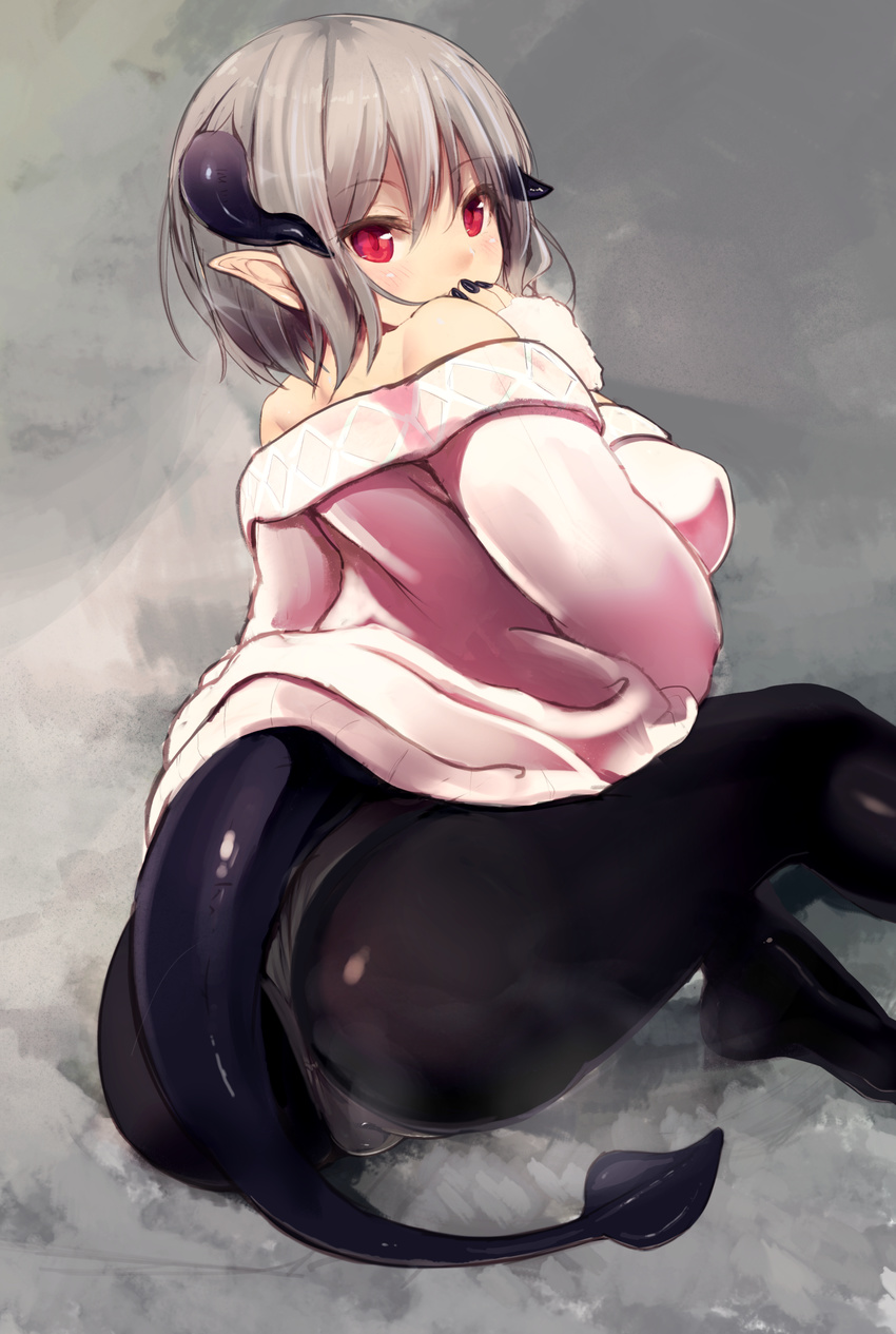 ass bare_shoulders black_legwear covering_mouth demon_girl demon_tail highres horns looking_at_viewer looking_back nail_polish original panties panties_under_pantyhose pantyhose pointy_ears red_eyes short_hair silver_hair sitting solo sweater tail underwear zi_(mumei)