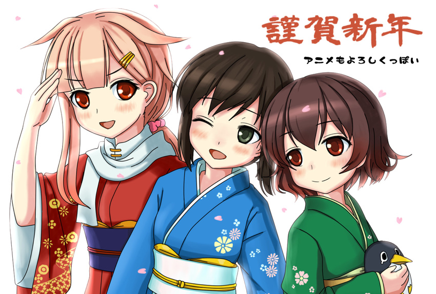 :d alternate_costume brown_hair failure_penguin fubuki_(kantai_collection) green_eyes hair_flaps hair_ornament hairclip highres japanese_clothes kantai_collection karuna_(madlax) kimono long_hair multiple_girls mutsuki_(kantai_collection) nengajou new_year one_eye_closed open_mouth pink_hair ponytail red_eyes remodel_(kantai_collection) salute scarf short_hair short_ponytail smile white_scarf yuudachi_(kantai_collection)