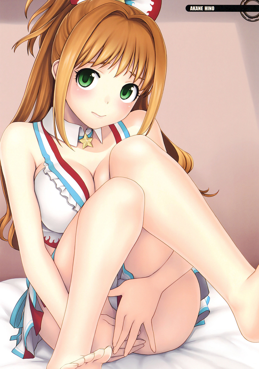 :&gt; bare_legs bare_shoulders barefoot blush breasts brown_hair cleavage covering covering_crotch detached_collar green_eyes hair_intakes highres hino_akane_(idolmaster) idolmaster idolmaster_cinderella_girls knees_to_chest large_breasts lips long_hair no_panties one_side_up scan sitting solo tanaka_shoutarou