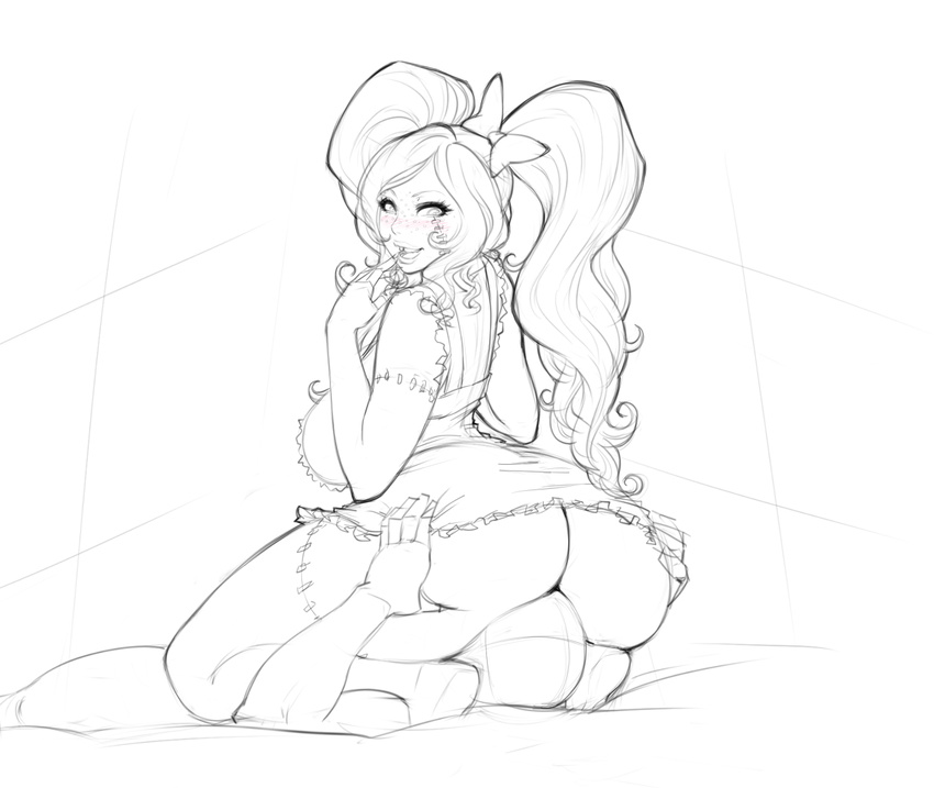 1girl ass blush bow breasts character_request cunnilingus deep_skin faceless femdom finger_to_mouth forsaken freckles frills from_behind girl_on_top greyscale hair_bow large_breasts lips lm_(legoman) long_hair monochrome nightgown no_panties oral original parted_lips sitting sitting_on_face sitting_on_person solo_focus stitches thick_thighs thighs twintails warcraft world_of_warcraft zombie