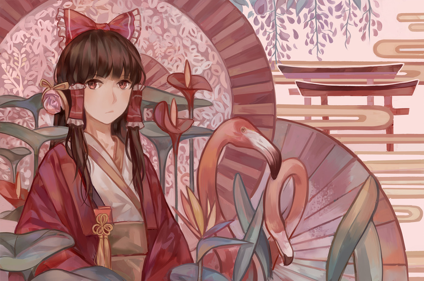 alternate_costume anthurium bird bird_of_paradise bow brown_hair egasumi flamingo flower hair_bow hair_tubes hakurei_reimu highres japanese_clothes kimono norizc obi red_eyes revision sash solo torii touhou wisteria