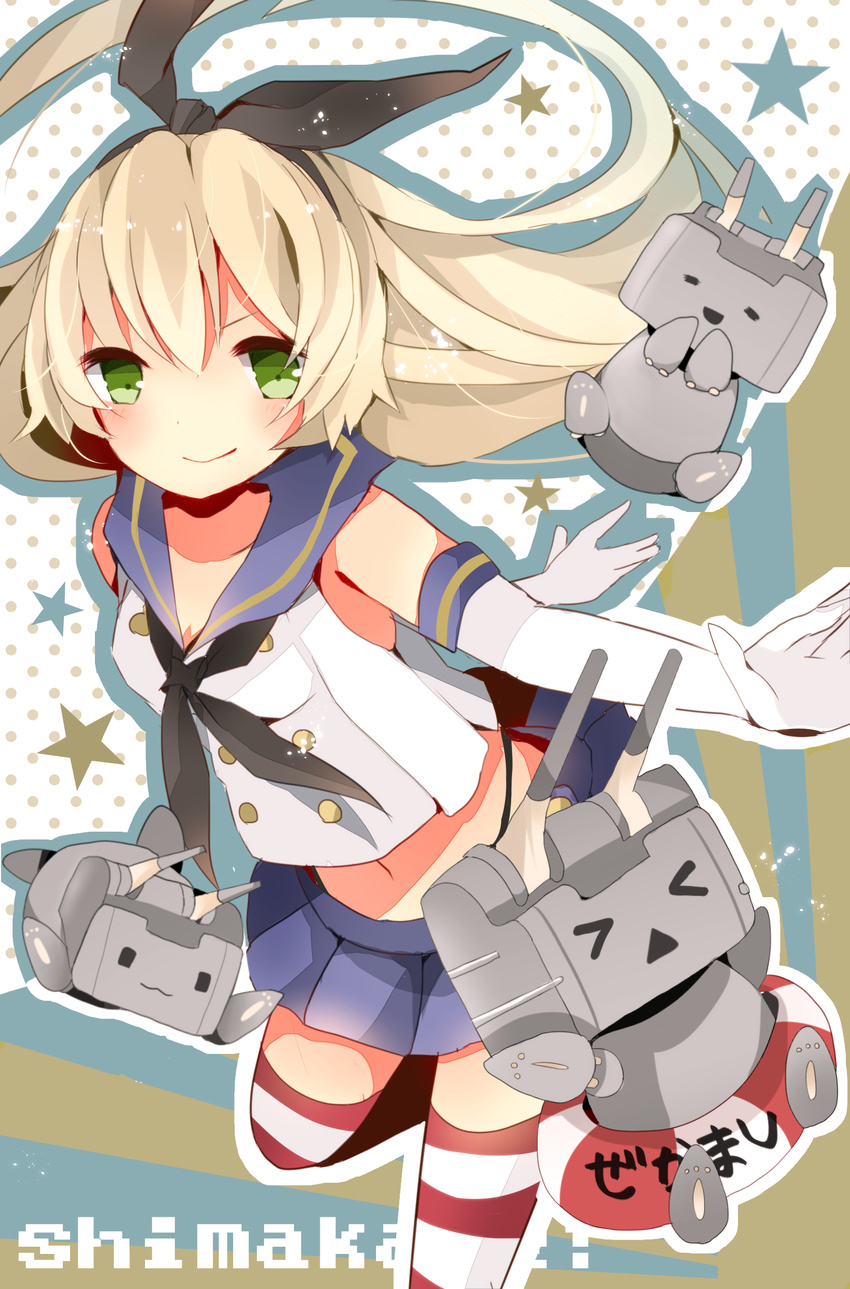 absurdres blonde_hair gloves green_eyes highres kantai_collection kumahara navel ribbon shimakaze_(kantai_collection) smile thighhighs