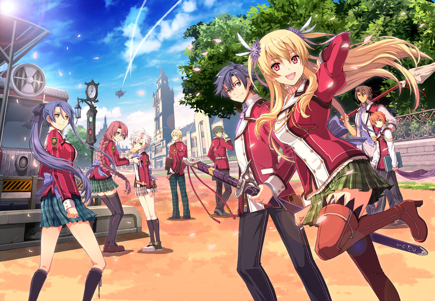 4girls 5boys absurdres alisa_reinford eiyuu_densetsu eiyuu_densetsu:_sen_no_kiseki eliot_craig emma_millstein falcom fie_claussell gaius_worzel highres huge_filesize laura_s_arseid multiple_boys multiple_girls rean_schwarzer sen_no_kiseki sword weapon