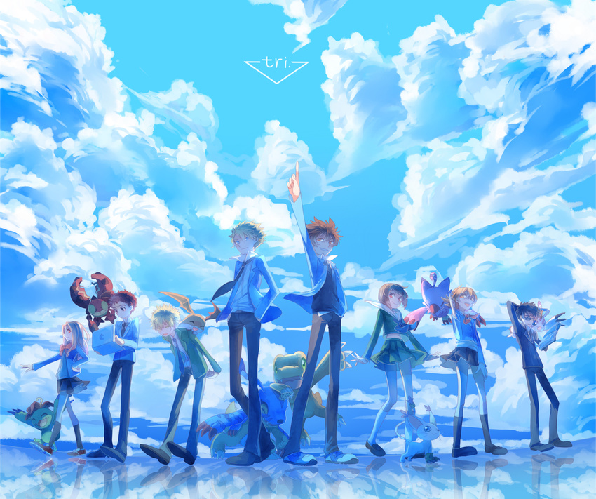 5boys agumon blonde_hair brother_and_sister brothers brown_eyes brown_hair digimon digimon_adventure_tri. gabumon glasses gomamon highres huan_li ishida_yamato izumi_koushirou kido_jou long_hair multiple_boys multiple_girls necktie odaiba_middle_school_uniform palmon patamon piyomon school_uniform short_hair siblings skirt sky tachikawa_mimi tailmon takaishi_takeru takenouchi_sora tentomon tsukishima_general_high_school_uniform yagami_hikari yagami_taichi