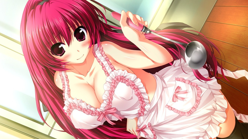 apron black_legwear breasts cleavage holding huge_breasts kamikaze_explorer! long_hair naked_apron non-web_source oshiki_hitoshi red_eyes red_hair solo thighhighs yuutenji_mishio